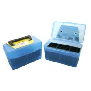 MTM Deluxe Rifle Ammo Boxes w/ Handle - 50 Round fits 300 WSM 300 Remington Ultra Magnum 338 Lap Mag - Blue