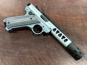 RUGER MARK IV LITE DIAMOND GREY 22LR, 10 SHOT CASED WITH TWO MAGS G10 GRIPS PIC RAIL ADJUSTABLE SIGHTS VOLQUARTSEN COMPENSATOR