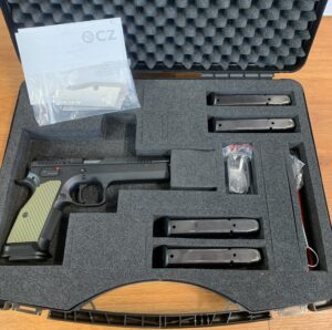 USED (CONSIGNMENT) CZ TS2 9MM 134MM W/ OLIVE LOK GRIP - 5 ORIG. MAGS - CASED (A FEW INC SPARES)
