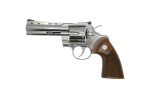 COLT PYTHON STAINLESS FINISH 357 MAG 4.25 INCH BARREL FACTORY CHECKERED TIMBER GRIPS - 6 SHOT