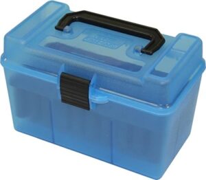 MTM Deluxe Rifle Ammo Boxes with Handle - 50 Round fits 300 RUM 300 Win Mag - Clear Blue