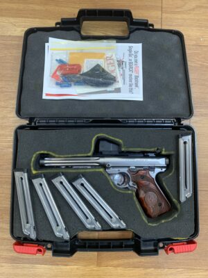 USED CONSIGNMENT RUGER MKIV 22LR HUNTER STAINLESS 174MM - TARGET GRIPS - LAMINATED GRIPS - 5x MAGS TOTAL - ORIG CASE W/ ACCESSORIES - VORTEX RED DOT