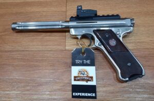 USED RUGER CONSIGNMENT MKIII 22LR STAINLESS FLUTED TARGET - 174MM BRL - 2x 10 SHOT MAGAZINES TOTAL W/ RED DOT - CASED