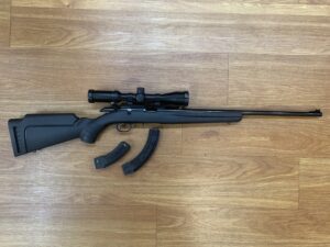 USED (CONSIGNMENT) RUGER AMERICAN 22LR BLACK SYNTHETIC - BLUED 22 INCH BARREL W/ SIGHTS - HAWKE 3-9X40 RIMFIRE RETICLE - 15 AND 25 ROUND MAG